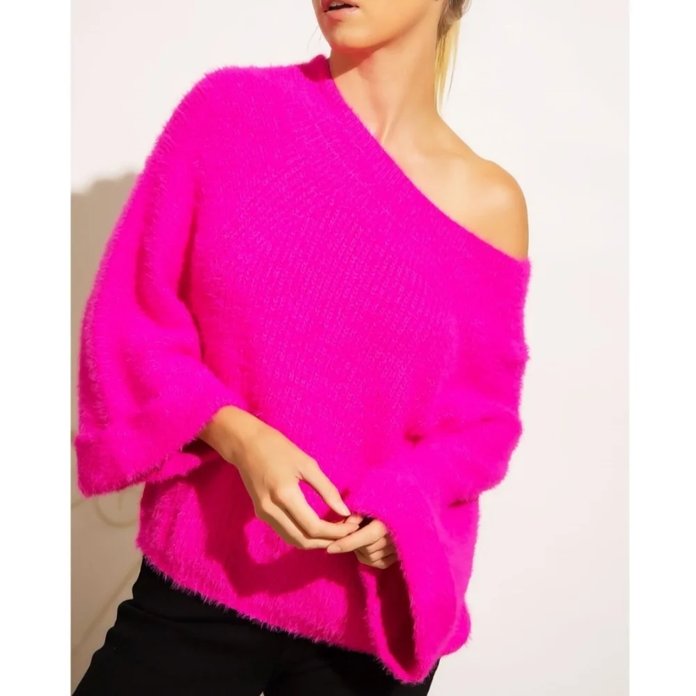 ⭐️Sale!⭐️ SEXY, CHIC & FABULOUS FUCHSIA OFF SHOULDER FURRY WIDE SLEEVES SWEATER - Picture 2 of 7